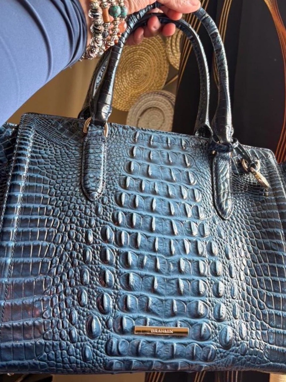 Brahmin Navy Blue Croc-Embossed Satchel